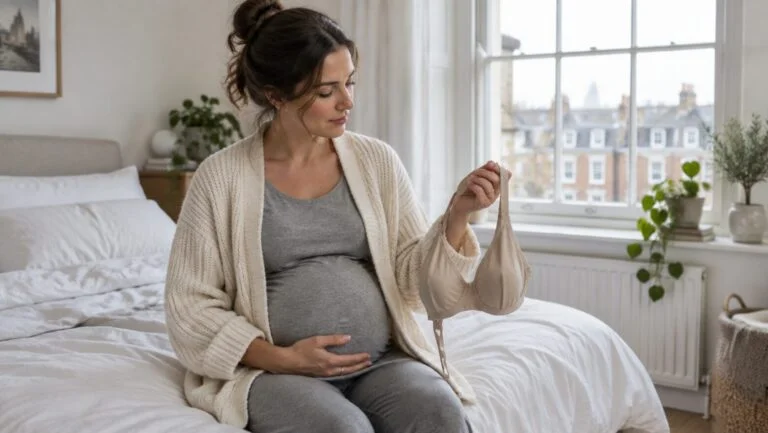 Pregnant woman sitting on a bed in a bright London bedroom, one hand on her bump, holding a soft maternity bra as her breasts change during pregnancy