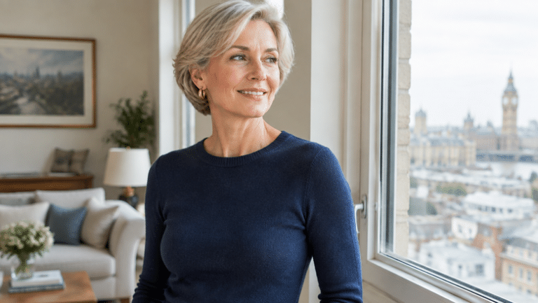 Confident woman in her fifties at home in London, representing how breasts change with age and menopause