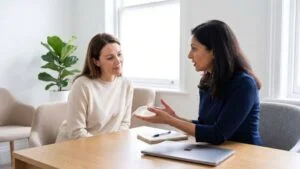 Woman discussing her breast implants with a consultant plastic surgeon in a London clinic consultation room