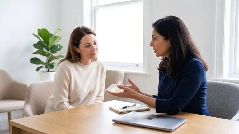 Woman discussing her breast implants with a consultant plastic surgeon in a London clinic consultation room