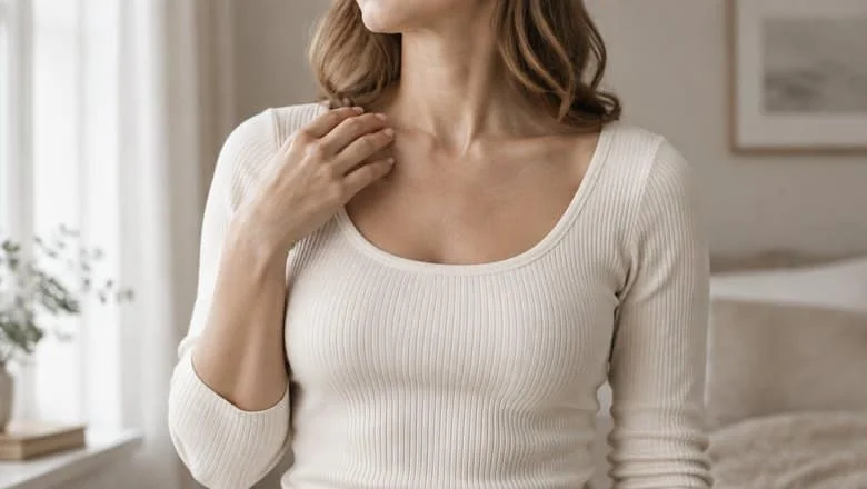 Woman in an ivory knit top with a natural, soft breast contour — breast implant removal and explant surgery at Centre for Surgery, Baker Street, London