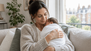New mother in a knit cardigan holding her sleeping newborn at home — breast implants, pregnancy and breastfeeding guide from Centre for Surgery, London