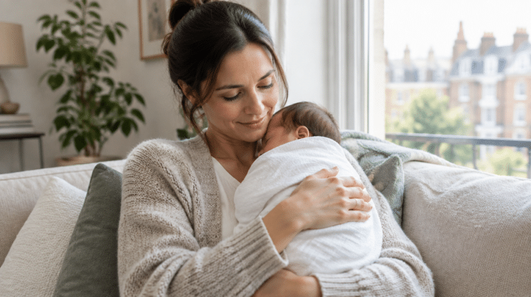 New mother in a knit cardigan holding her sleeping newborn at home — breast implants, pregnancy and breastfeeding guide from Centre for Surgery, London
