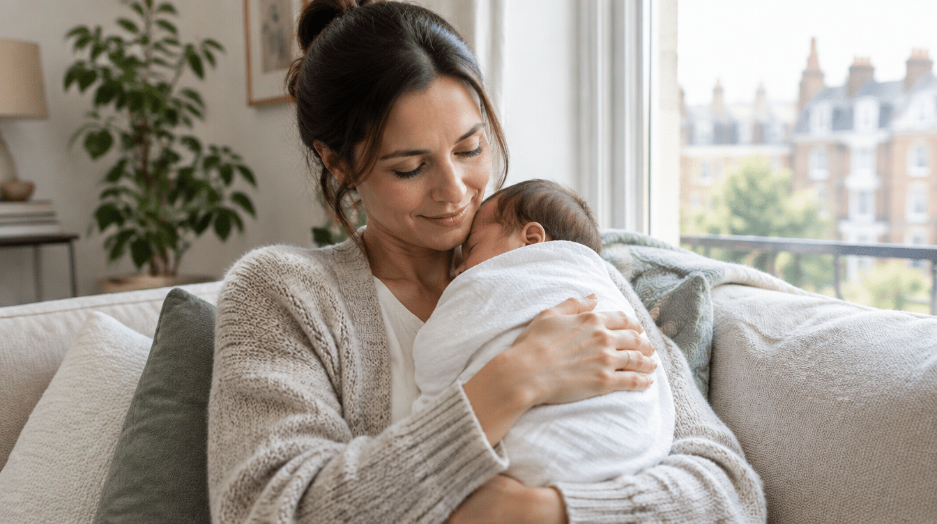 New mother holding her sleeping newborn at home: can you breastfeed with implants
