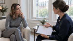 Woman discussing whether she needs a breast lift, implants or both with a female consultant plastic surgeon at a London clinic