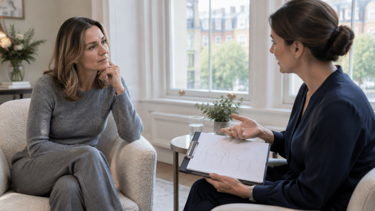Woman discussing whether she needs a breast lift, implants or both with a female consultant plastic surgeon at a London clinic