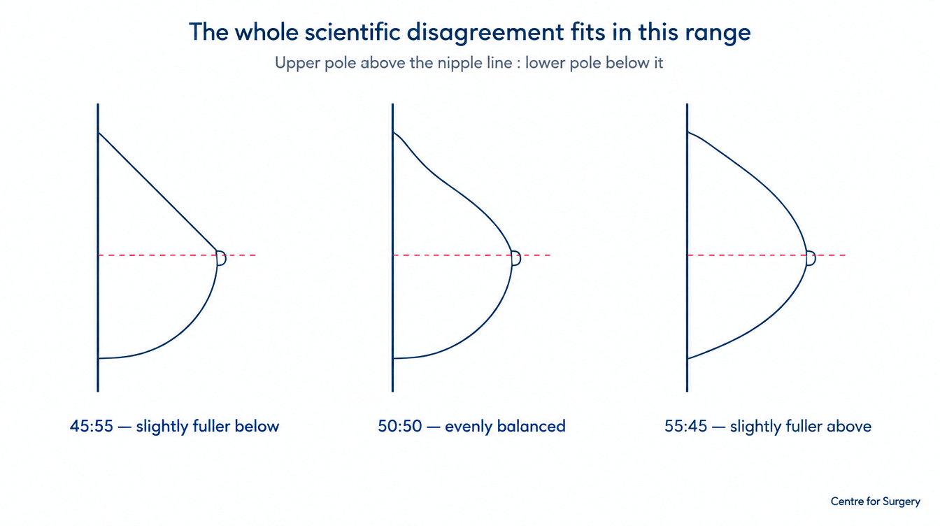 Diagram of three breast side profiles showing 45:55, 50:50 and 55:45 upper-to-lower pole ratios divided at the nipple line, the range of preferences found in breast attractiveness studies