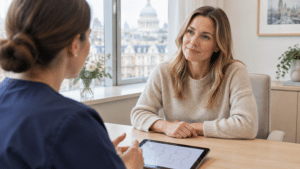 Consultant plastic surgeon discussing breast ptosis grades with a patient at a London clinic