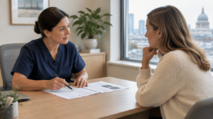 Consultant plastic surgeon talking a patient through the risks of breast reduction surgery at a consultation in London — Centre for Surgery