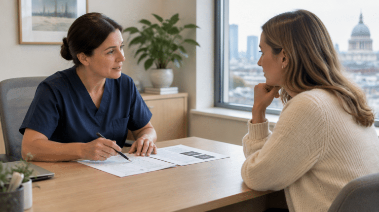 Consultant plastic surgeon talking a patient through the risks of breast reduction surgery at a consultation in London — Centre for Surgery