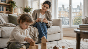 Mother at home in London with her toddler, thinking about how her breasts have changed after breastfeeding
