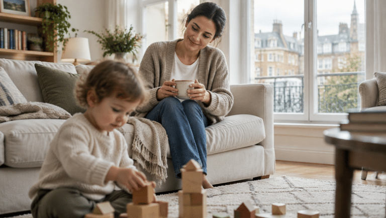 Mother at home in London with her toddler, thinking about how her breasts have changed after breastfeeding