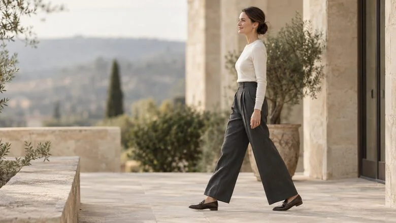 Woman in tailored trousers walking along a stone terrace — buttock lift surgery (gluteal lift) at Centre for Surgery, Baker Street, London