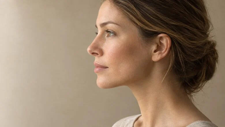 Side profile with the chin in line with the lips — chin augmentation and chin implant surgery at Centre for Surgery, Baker Street, London