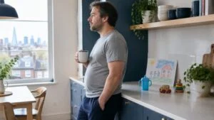 Man in his late thirties with a dad bod build, soft midsection under a grey t-shirt, standing in a family kitchen holding a coffee mug