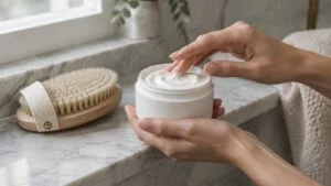 Do cellulite creams work — a woman's hands holding an open jar of unbranded body cream beside a dry body brush on a bathroom shelf