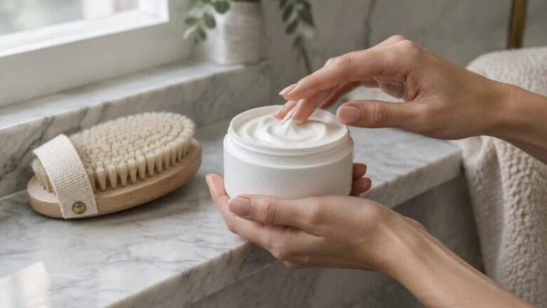 Do cellulite creams work — a woman's hands holding an open jar of unbranded body cream beside a dry body brush on a bathroom shelf
