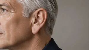 Do ears keep growing — close side view of a man in his sixties with a naturally elongated earlobe, the change in ear length that comes with age