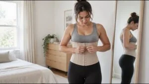 Woman fastening the hooks of a beige waist trainer in front of a bedroom mirror, wondering whether waist trainers work