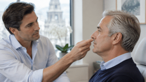 Consultant plastic surgeon assessing the nasal tip support of a man in his sixties, seen in side profile, during a rhinoplasty consultation