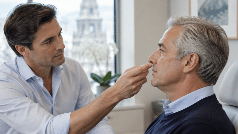 Consultant plastic surgeon assessing the nasal tip support of a man in his sixties, seen in side profile, during a rhinoplasty consultation
