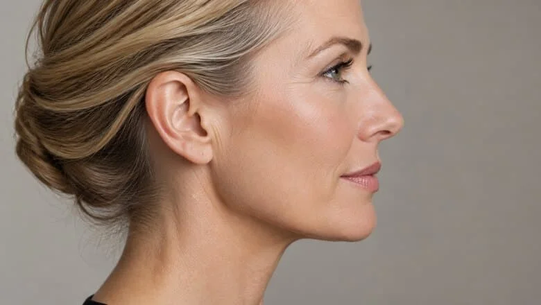 Earlobe reduction London — close side view of a woman in her 50s with a neat, proportionate earlobe, the proportion earlobe reduction aims to restore where the lobe has elongated with age or heavy earrings