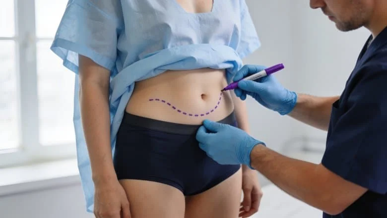 Consultant plastic surgeon marking a pre-operative planning line on a patient's lower abdomen before excess skin removal surgery at Centre for Surgery London