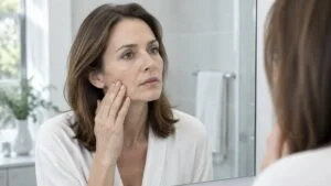A woman in her forties touching a hollowed cheek in a bathroom mirror, showing facial volume loss after rapid weight loss