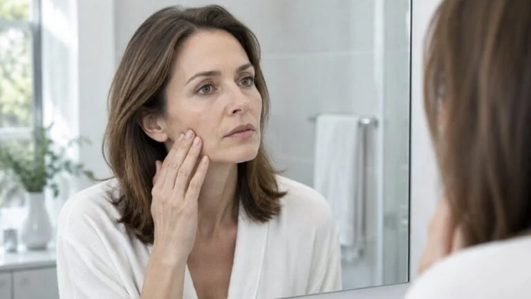 A woman in her forties touching a hollowed cheek in a bathroom mirror, showing facial volume loss after rapid weight loss