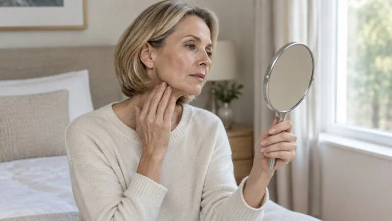 A woman in her fifties lifting the skin along her jawline in a hand mirror, checking for facial volume loss and loose skin after weight loss
