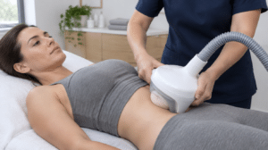 Cryolipolysis fat freezing vacuum applicator placed on a woman's flank in a clinic treatment room — a treatment Centre for Surgery does not offer