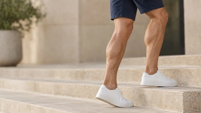 Man's lower legs with balanced, well-shaped calves stepping up stone steps — fat transfer calf augmentation with your own fat at Centre for Surgery, Baker Street, London