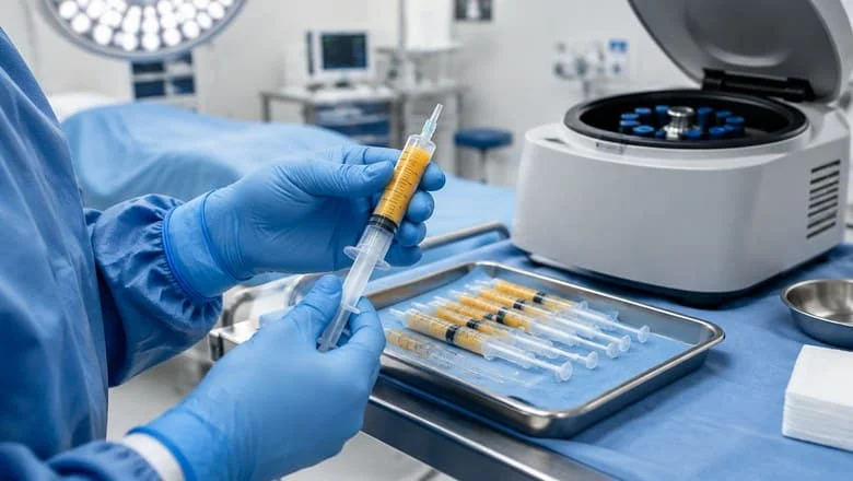 Illustrative photograph of a surgeon holding a syringe of purified fat prepared for fat transfer in a London operating theatre