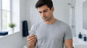 Illustrative photograph of a man in a fitted grey t-shirt holding a blister pack of small white tablets in a bright bathroom