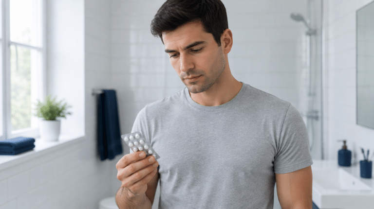 Illustrative photograph of a man in a fitted grey t-shirt holding a blister pack of small white tablets in a bright bathroom