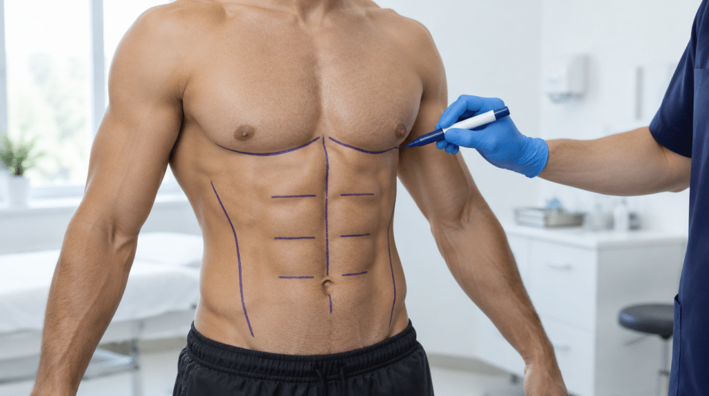 Illustrative photograph of a surgeon marking HD lipo lines on the chest, abdomen and waist of an athletic man before high definition liposuction