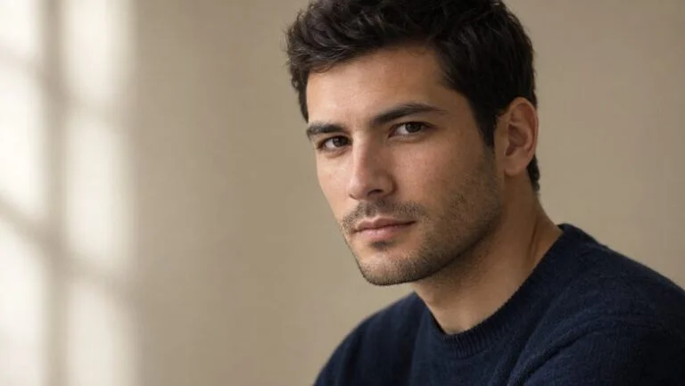 Man with deep-set eyes, low straight eyebrows and little visible upper eyelid, the combination described online as hunter eyes