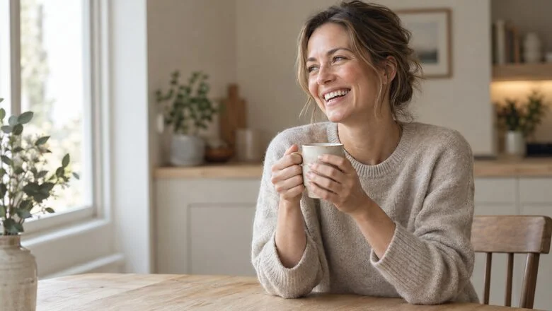 Woman laughing at a kitchen table with a mug — IntimaLase laser vaginal tightening at Centre for Surgery, Baker Street, London