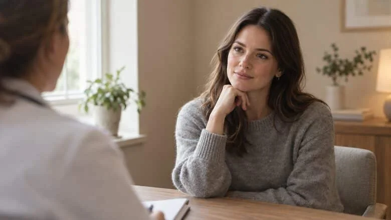 Woman listening in a calm consultation room — labiaplasty revision and reconstruction at Centre for Surgery, Baker Street, London