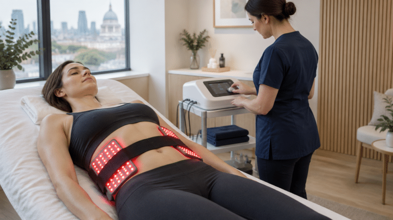 Woman lying on a treatment couch with red-light laser lipo pads strapped over her abdomen while a clinician adjusts the control unit — illustrative image of a non-invasive laser lipo session, not a Centre for Surgery treatment