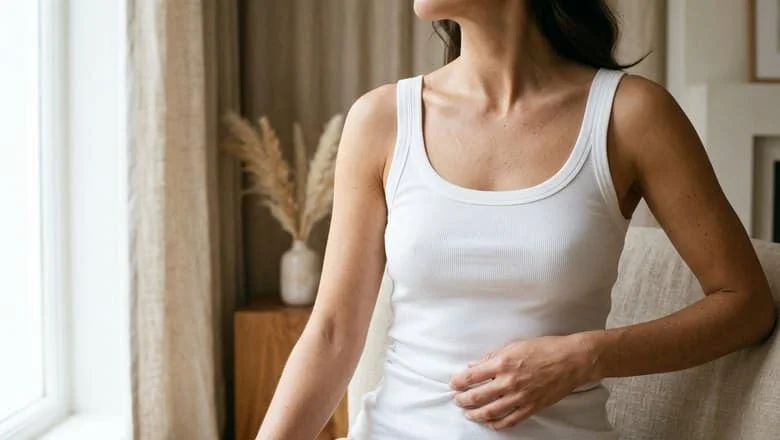 Woman in a white camisole with a natural, proportionate breast shape — liposuction breast reduction at Centre for Surgery, Baker Street, London