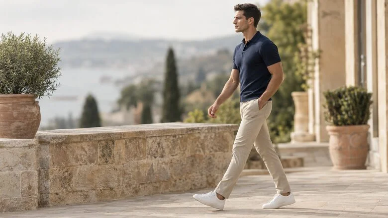 Athletic man in chinos and a knit polo walking along a stone terrace — male BBL (Brazilian butt lift for men) at Centre for Surgery, Baker Street, London