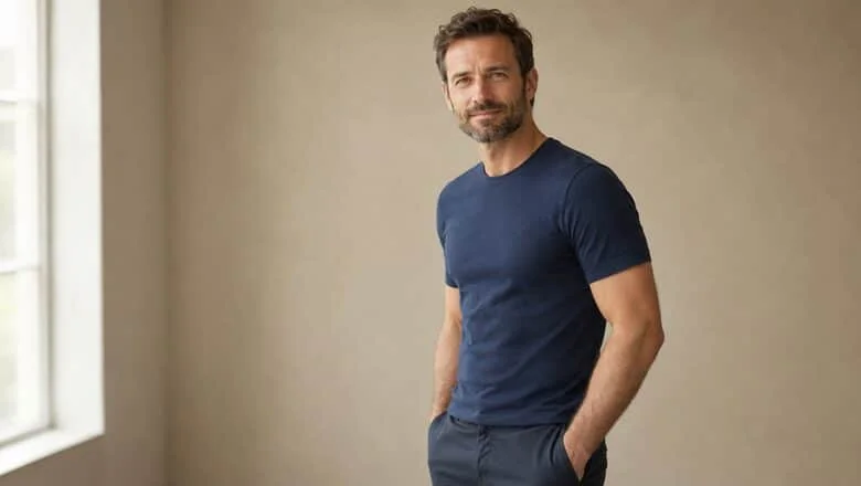 Man in a fitted navy t-shirt with a trim chest and midsection — male body lift surgery and excess skin removal for men at Centre for Surgery, Baker Street, London