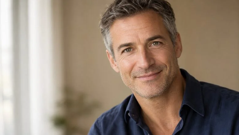 Man in his late forties with fresh, alert eyes and smooth upper eyelids — male eyelid surgery (blepharoplasty for men) at Centre for Surgery, Baker Street, London