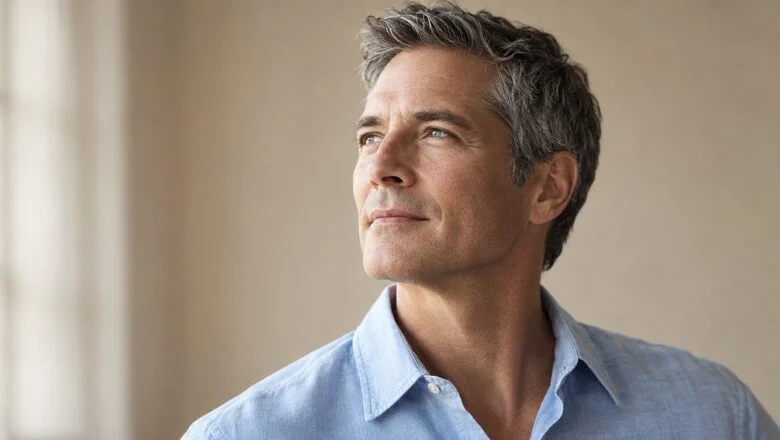 Man in three-quarter profile with a sharp jaw-to-neck angle and smooth, taut neck — male neck lift surgery at Centre for Surgery, Baker Street, London