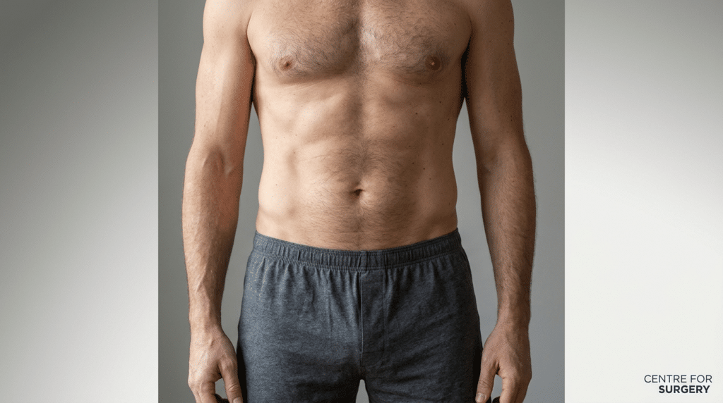 Flat firm male abdominal contour and straight waistline — male tummy tuck and abdominoplasty for men at Centre for Surgery, Baker Street, London