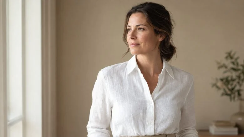 Woman in a white linen shirt in soft window light — mini breast lift (doughnut mastopexy) at Centre for Surgery, Baker Street, London
