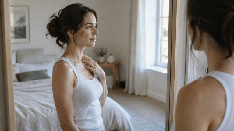Woman in a white vest top looking thoughtfully at her reflection in a bedroom mirror — most women notice that one breast is slightly bigger than the other