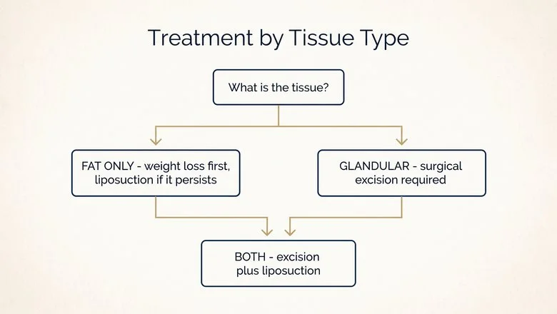 Pseudogynecomastia treatment by tissue type — fat responds to weight loss then liposuction, glandular tissue requires surgical excision, mixed cases need both