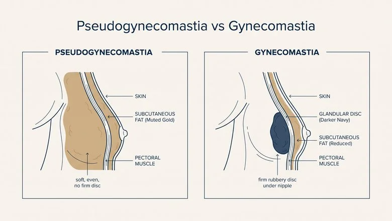 Pseudogynecomastia vs gynecomastia diagram — cross-section showing soft subcutaneous fat layer versus firm glandular disc beneath the nipple